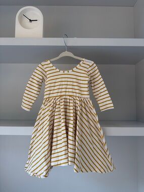 Alice + Ames Girls' Striped Long-Sleeve Twirl Dress in Mustard and White